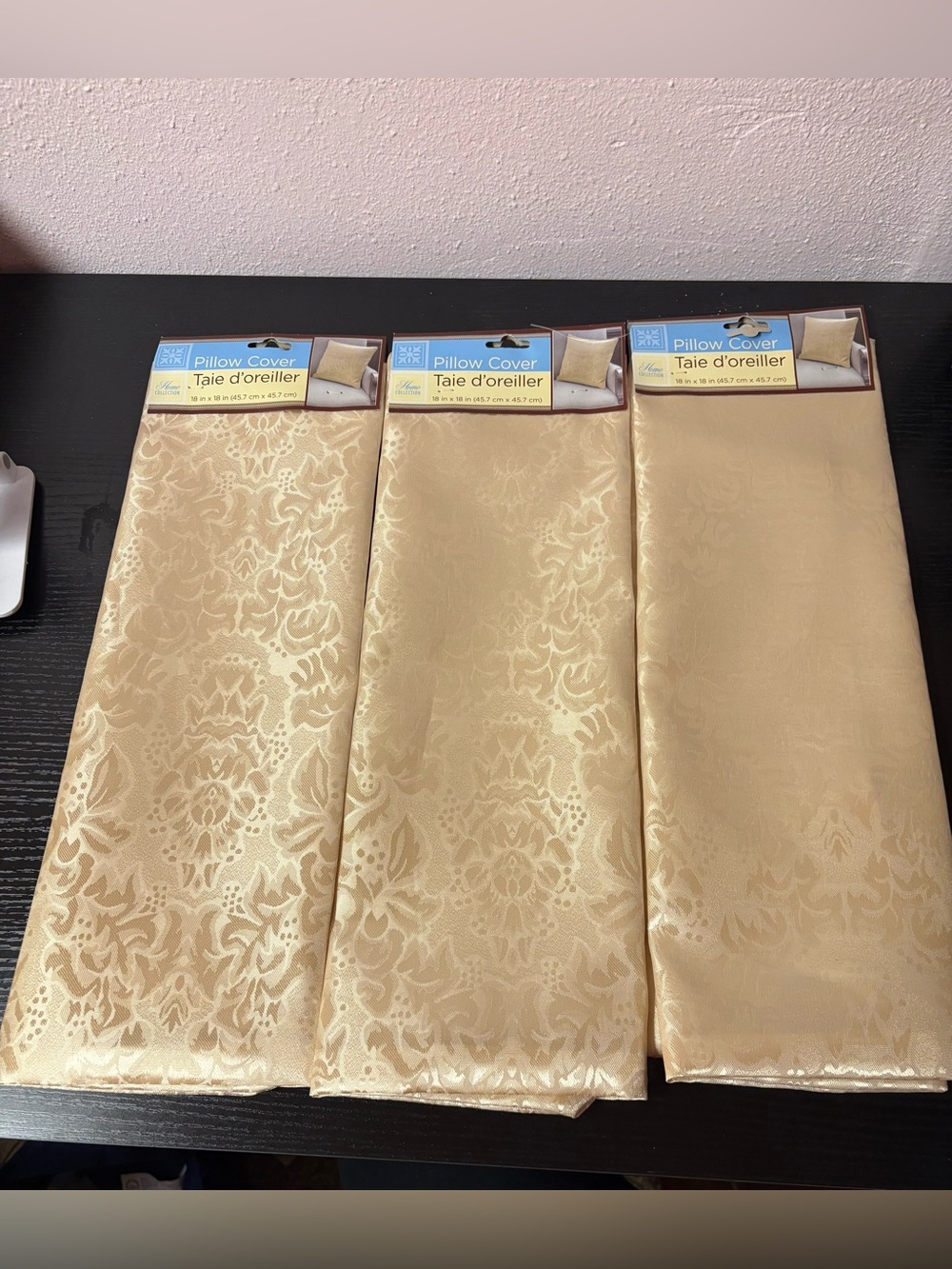 Set of 3 Champagne Gold Floral Damask Decorative Throw Pillow Covers
